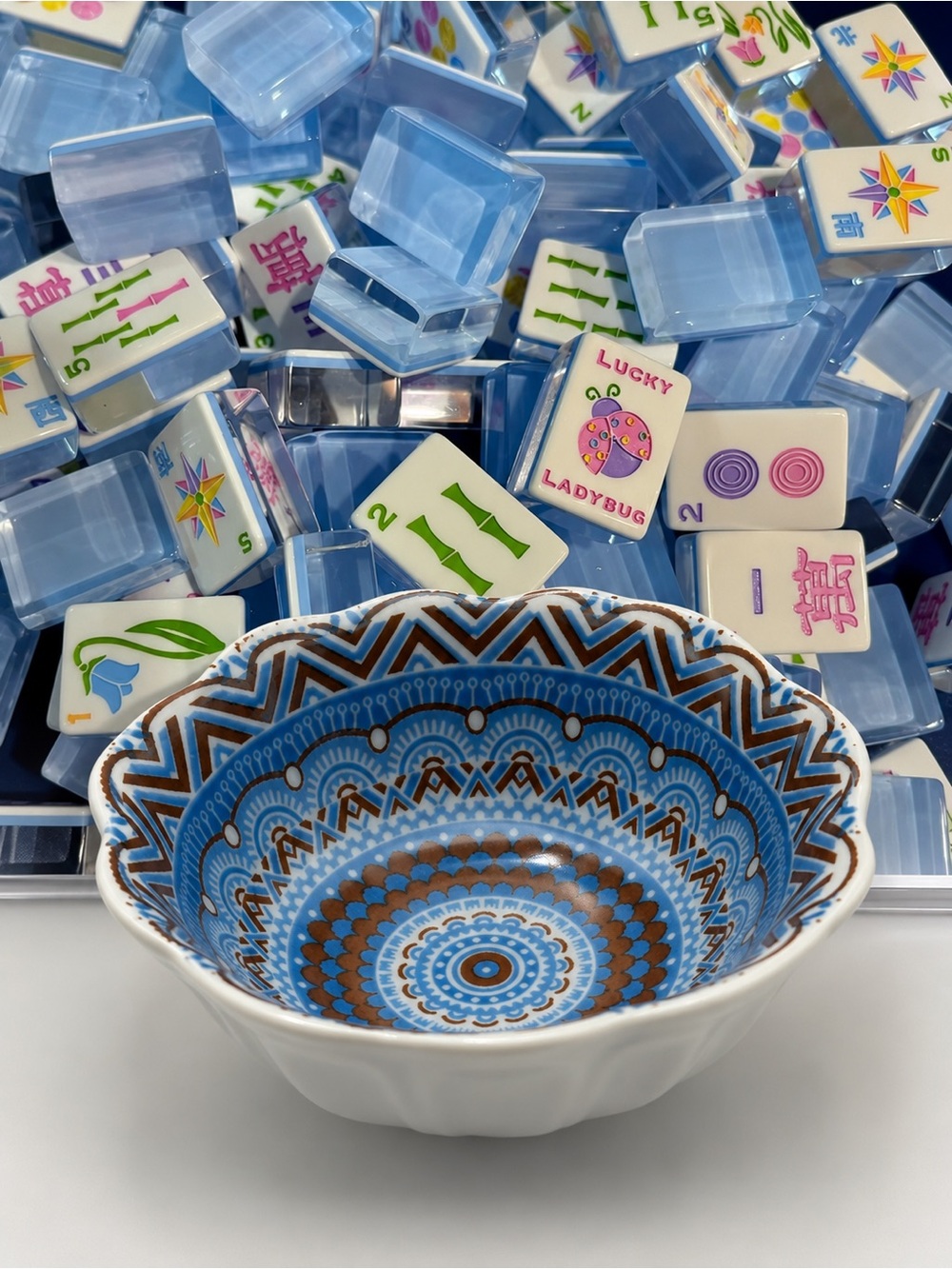 Mahjong Tiles Ceramic Dice Dish blue